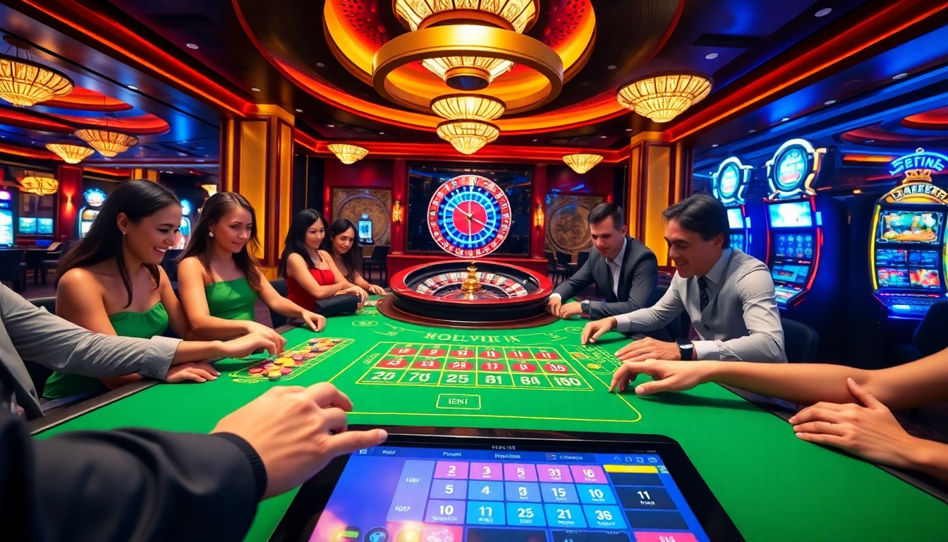 Excited gamblers placing bets at a luxurious casino table at 888NEW COM, surrounded by vibrant lights.