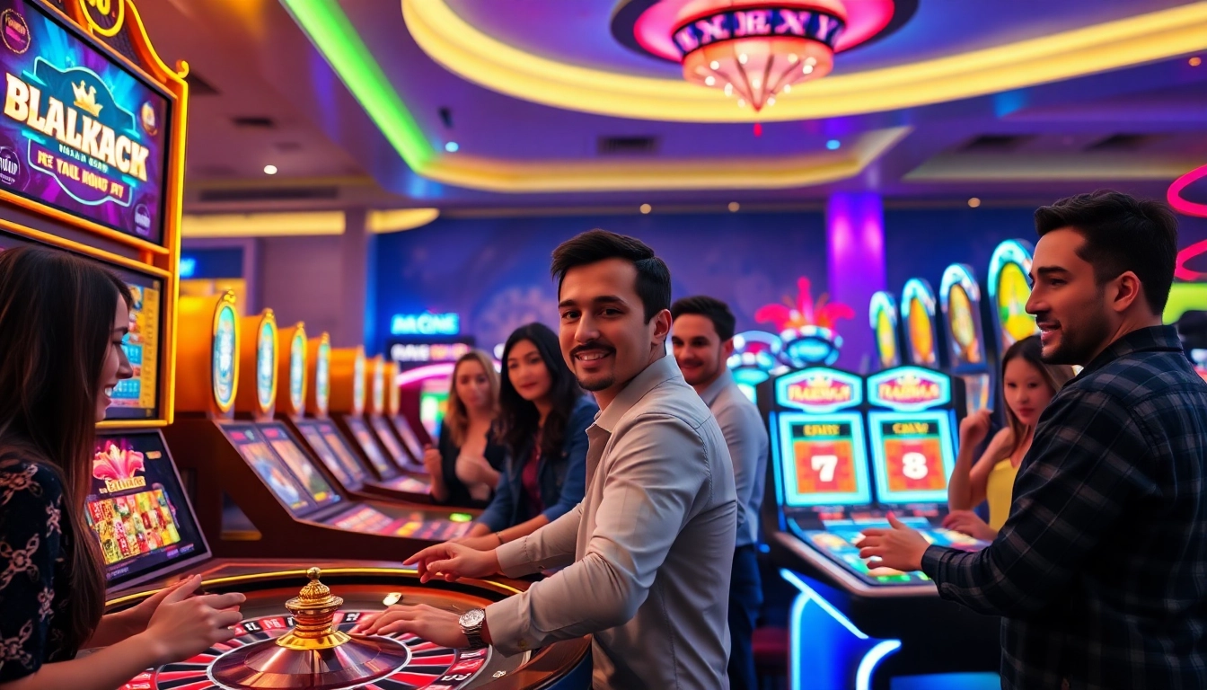 Online gaming interface at onew88.com with diverse players in a vibrant casino atmosphere.