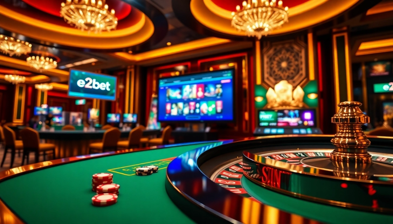 e2bet gaming scene with elegant poker chips and vibrant roulette wheel.