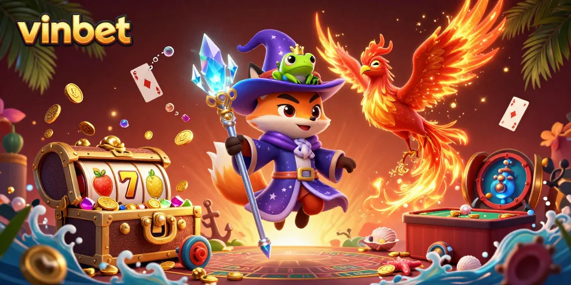 Experience the excitement at vinbet with enchanting characters amidst vibrant casino elements.
