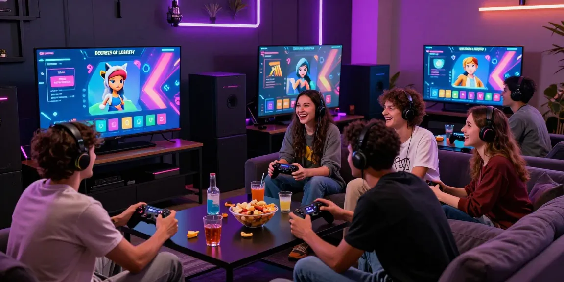 Friends enjoying Degrees of Lewdity in a vibrant gaming lounge, engaging with unique avatars.