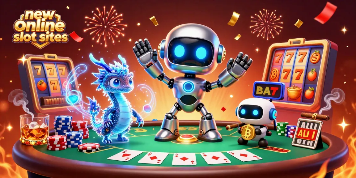 Engage with new online slot sites featuring a vivid 3D scene of a cyberpunk robot, dragon, and bitcoin drone.
