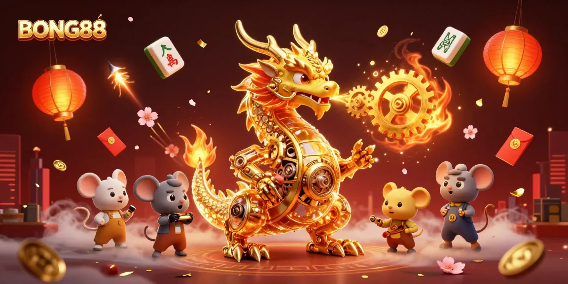 Experience BONG88's thrilling gaming with a golden dragon and rich casino elements in this vibrant illustration.