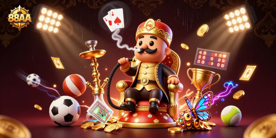 Experience 88AA's vibrant online casino action through a dynamic 3D illustration filled with interactive gaming elements.