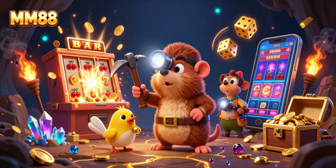Experience dynamic gaming excitement at MM88 with vibrant illustrations of treasure and jackpots.