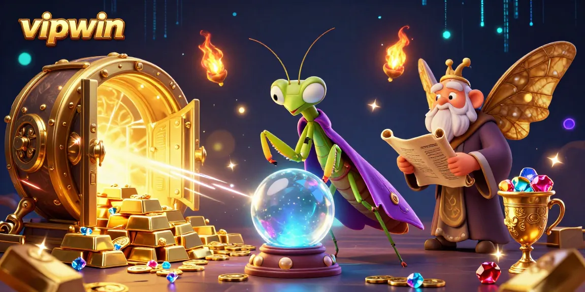 Experience thrilling moments at vipwin, engaging with animated characters and treasures in a vibrant casino scene.