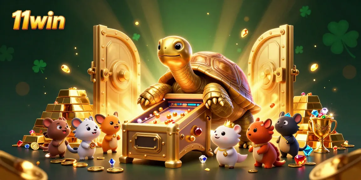 Experience the thrill of winning with 11win’s exciting golden tortoise casino scene filled with treasures.