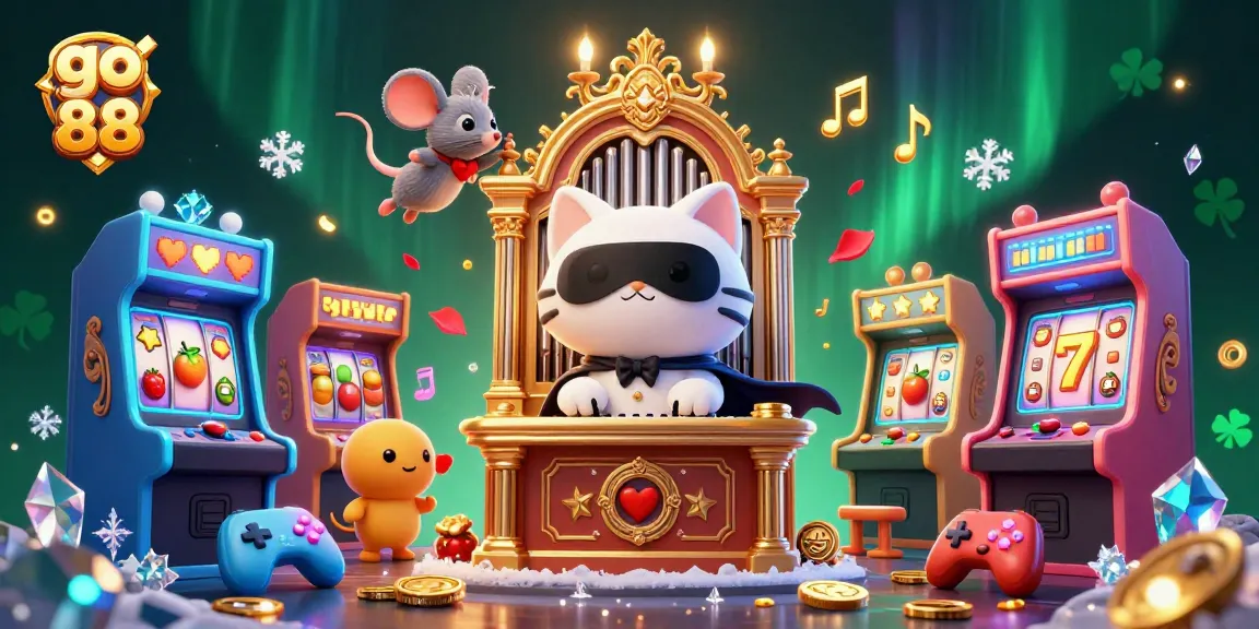Engage with go 88's lively casino scene featuring a white cat at an organ, arcade machines, and vibrant slot elements.