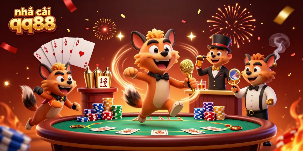 Experience vibrant gaming at nhà cái qq88 with animated hyenas in a lively casino scene, mixing fun and excitement.